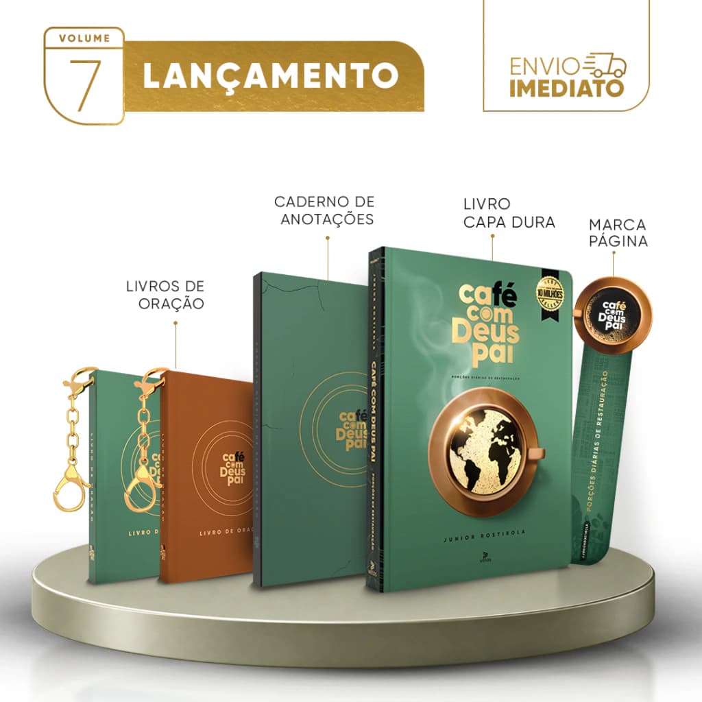 Café com Deus Pai vol. 7 (capa dura) + livros de oração (verde e marrom) + caderno de anotações