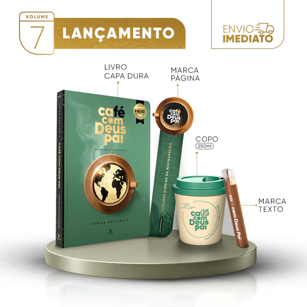 Café com Deus Pai vol. 7 (capa dura) + marca-texto + copo 250 ml